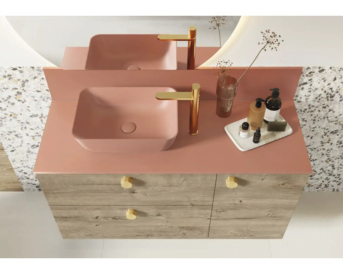 Meuble-lavabo de salle de bains avec deux vasques, robinets et meuble bas en bois