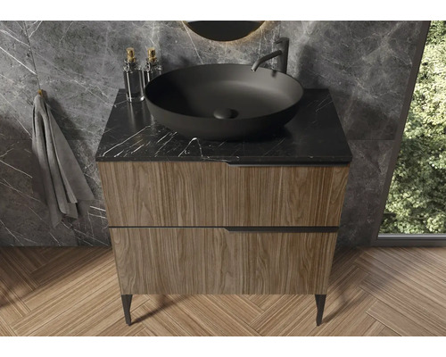 Meuble-lavabo de salle de bains avec vasque à poser noire et deux tiroirs