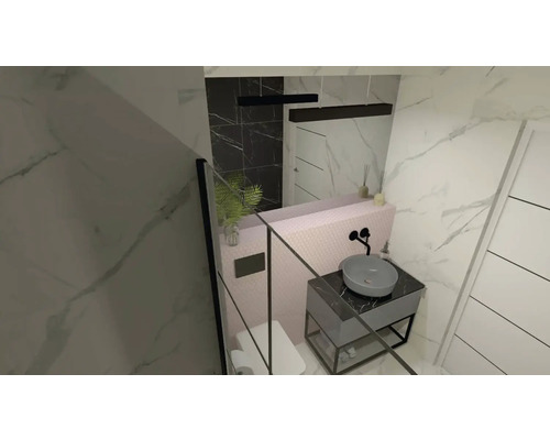 Salle de bain moderne avec lavabo, miroir et cabine de douche