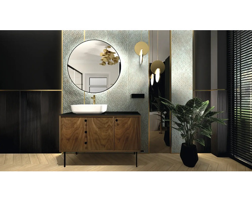 Salle de bain moderne avec lavabo, miroir et plantes