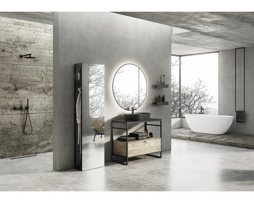 Salle de bains avec douche, meuble-lavabo avec miroir rond et baignoire îlot dans un style clair et moderne.