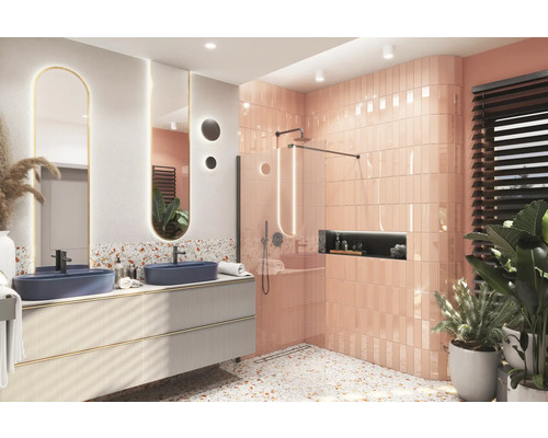Salle de bain moderne avec double vasque, douche et sol en terrazzo