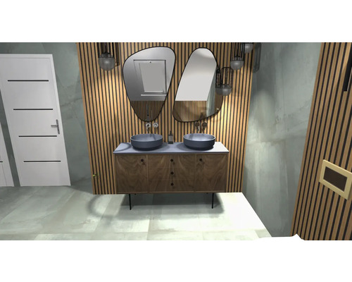 Badezimmer mit Doppelwaschtisch, zwei Spiegeln und vertikalen Holzpaneelen