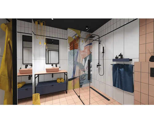 Salle de bain moderne avec douche, lavabo et carrelage