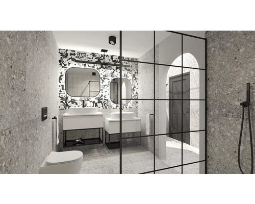 Salle de bain moderne avec lavabos, miroirs, toilettes, paroi de douche et motif de carreaux de terrazzo gris