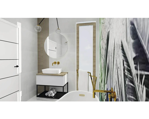 Salle de bains avec lavabo, miroir et baignoire dans un design lumineux