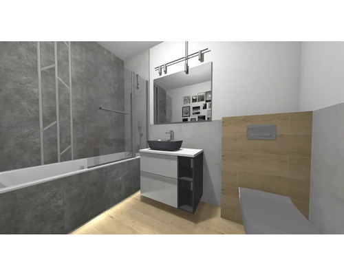 Salle de bain moderne avec baignoire, meuble-lavabo et toilettes.