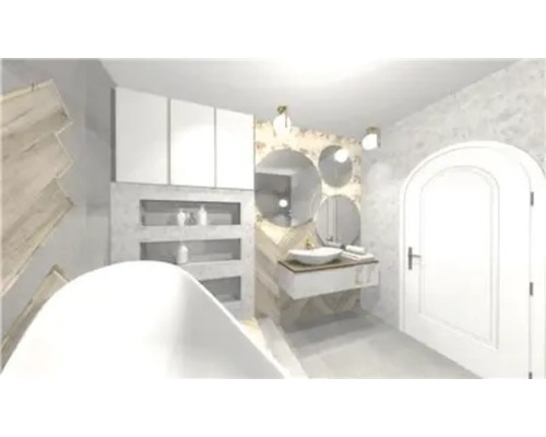 Salle de bains avec baignoire, meuble-lavabo, miroirs et armoires pour un design moderne