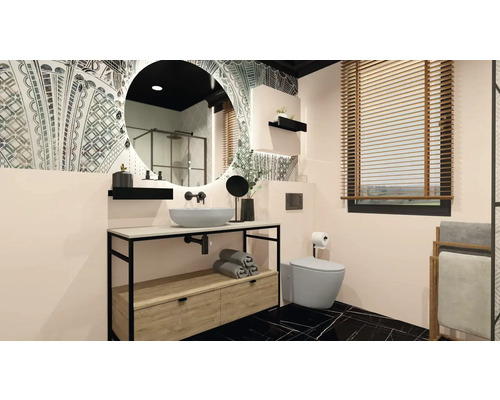 Salle de bains avec lavabo, miroir, toilettes et stores de fenêtre