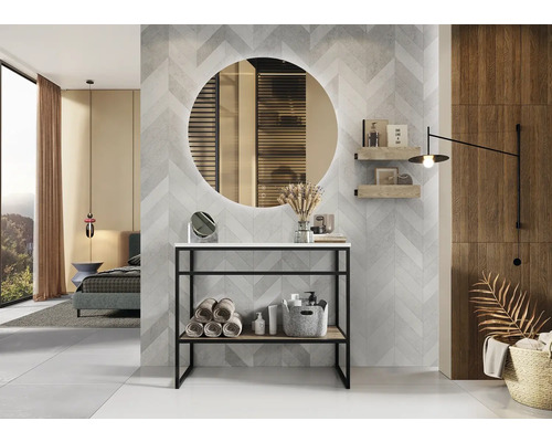 Salle de bains moderne avec lavabo, miroir et étagères