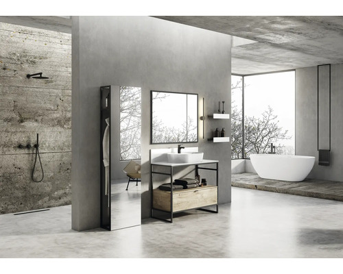 Salle de bains moderne avec meuble sous-lavabo, miroir, baignoire et douche.