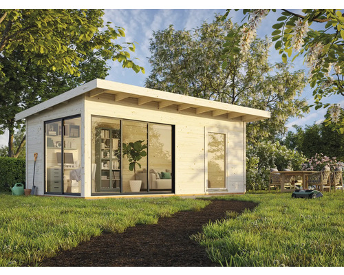 Abri de jardin Palmako Andrea avec plancher 639 x 402 cm imprégné par immersion Maison de jardin moderne avec de grandes façades en verre dans un jardin verdoyant