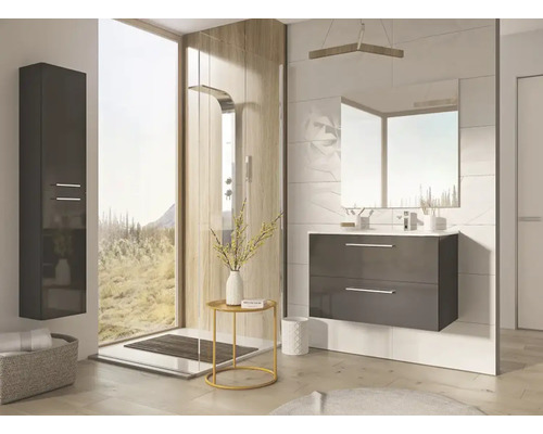 Salle de bains lumineuse avec meuble sous-lavabo, armoire de toilette, armoire haute et douche à l''italienne