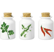 Drei weisse Kräutergefässe mit Korkdeckel, verziert mit Petersilie, Rosmarin und Chili