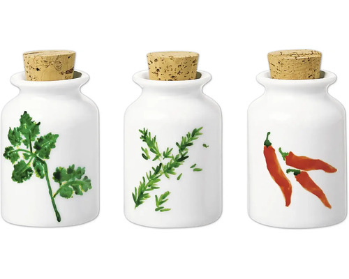 Drei weisse Kräutergefässe mit Korkdeckel, verziert mit Petersilie, Rosmarin und Chili