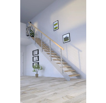 Escalier avec marches en bois et rampes en métal dans une pièce lumineuse.