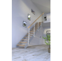 Pièce lumineuse avec escalier avec marches en bois et rampes en métal