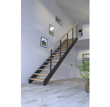 Escalier avec marches en bois et cadre en métal dans une pièce lumineuse