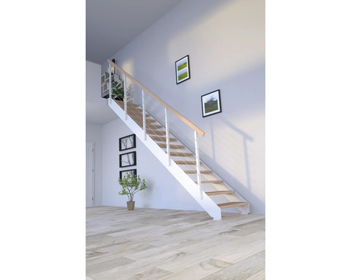 Pièce lumineuse avec escalier en bois et métal, décorée de plantes et de tableaux