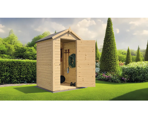 Abri de jardin en bois avec porte ouverte sur pelouse