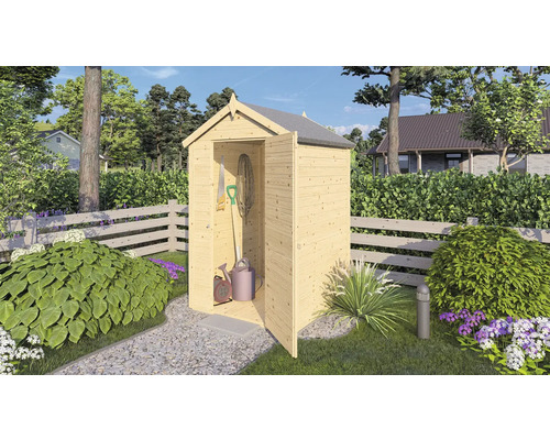 Scène de jardin avec cabanon à outils en bois ouvert, outils de jardin et plantes
