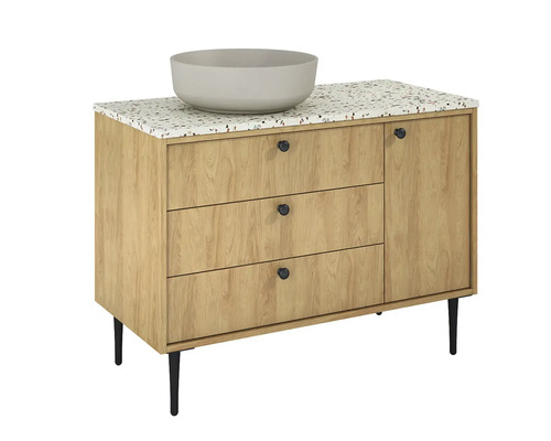 Waschtisch mit Waschbecken, drei Schubladen und einer Tür