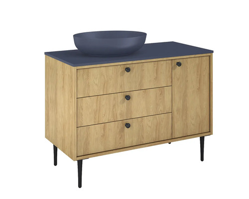 Waschtischunterschrank mit Aufsatzwaschbecken, drei Schubladen und einer Tür