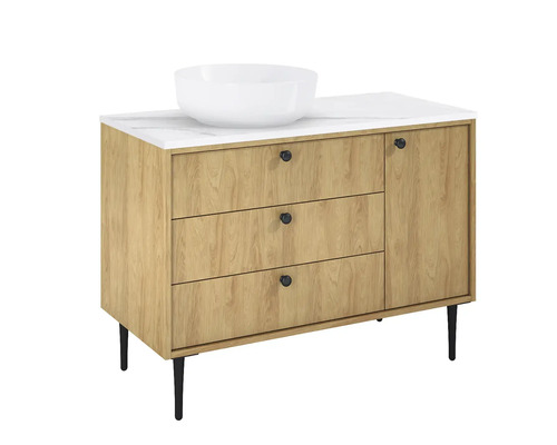 Waschtisch mit drei Schubladen, einer Tür und einem Aufsatzwaschbecken