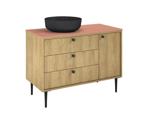 Waschtischunterschrank mit drei Schubladen, einer Tür und einem Aufsatzwaschbecken