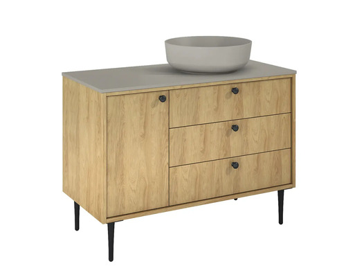 Waschtisch mit Aufsatzwaschbecken, drei Schubladen und einer Tür