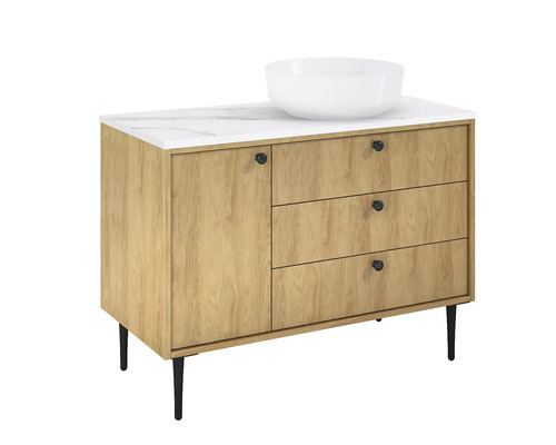 Waschtisch mit Waschbecken, drei Schubladen, einer Tür und Füssen