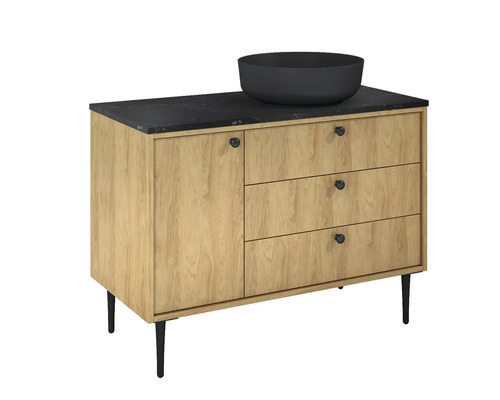 Waschtisch mit drei Schubladen, einer Tür, einer dunklen Platte und einem Aufsatzwaschbecken