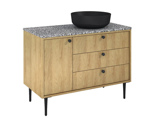 Waschtisch mit schwarzem Aufsatzwaschbecken, einer Tür und drei Schubladen