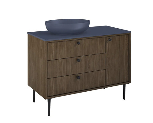 Waschtischunterschrank mit Aufsatzwaschbecken, drei Schubladen und einer Tür