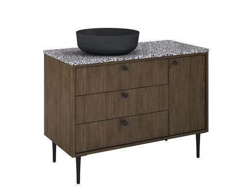 Waschtischunterschrank mit Aufsatzwaschbecken, drei Schubladen, einer Tür und Füssen