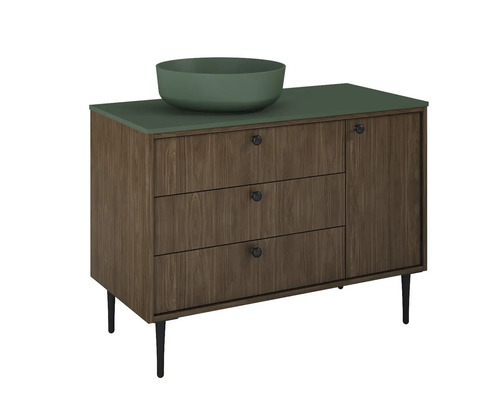 Waschtisch mit drei Schubladen, einer Tür und einem Aufsatzwaschbecken