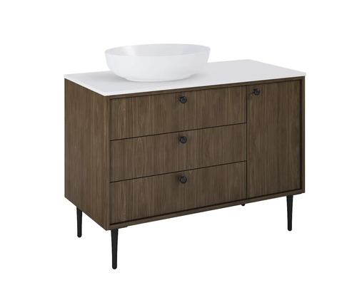 Waschtischunterschrank mit drei Schubladen, einer Tür, Aufsatzwaschbecken und Füßen