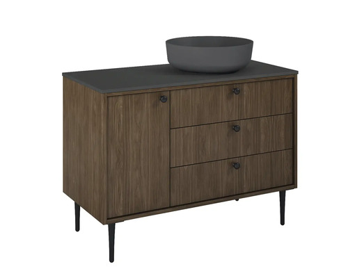 Waschtisch mit Waschbecken, drei Schubladen, einer Tür und Füssen