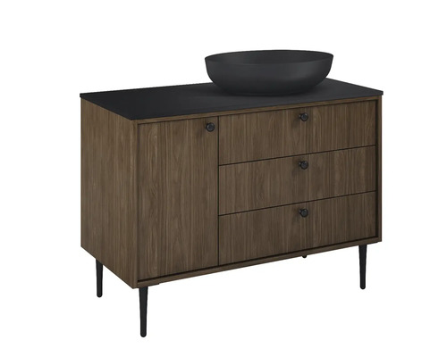 Waschtisch mit einem Waschbecken und einem Schrank mit Schubladen und einer Tür.