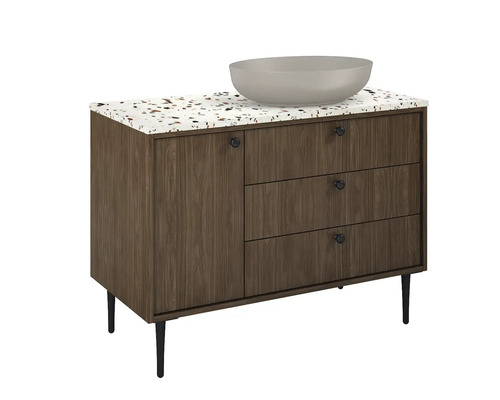 Waschtisch mit drei Schubladen, einer Tür, Aufsatzwaschbecken und Füßen