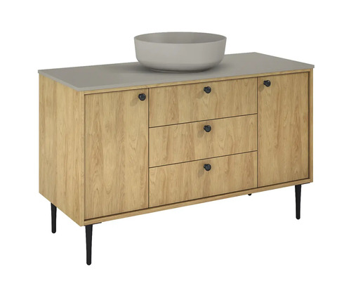 Waschtischunterschrank mit Waschbecken aus Holz und Keramik