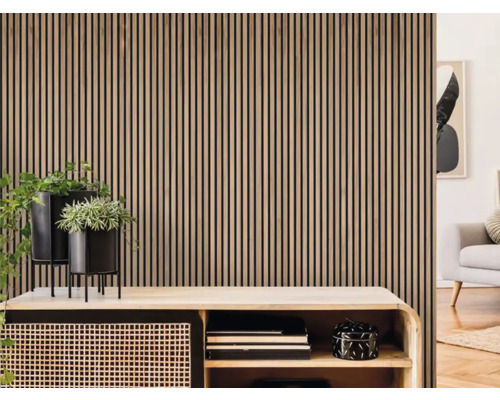 Aménagement intérieur avec panneaux muraux en bois, étagère et décoration