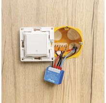 Installation eines Smart Home Lichtschalters mit Shelly Logo in einer Unterputzdose