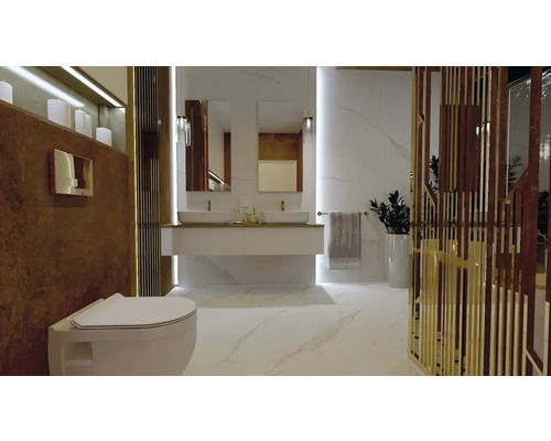 Salle de bain moderne avec WC suspendu, lavabo et miroirs