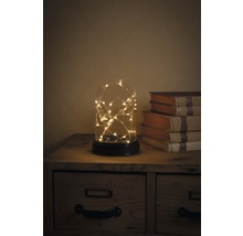 Dôme en verre décoratif avec guirlande lumineuse sur une table de chevet à côté de livres
