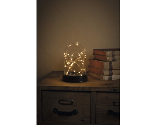 Dôme en verre décoratif avec guirlande lumineuse sur une table de chevet à côté de livres