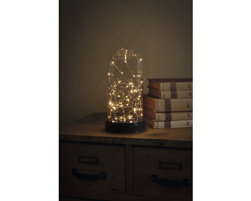 Globe en verre décoratif avec guirlande lumineuse sur une armoire en bois