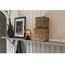 Décoration d''étagère avec cactus, cadre photo, lampe et deux paniers