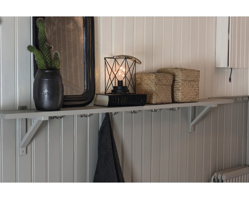 Étagère murale décorative avec miroir, cactus, lampe et boîtes de rangement