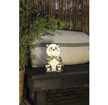 Dekorative Panda-Figur mit Beleuchtung auf einer Gartenbank
